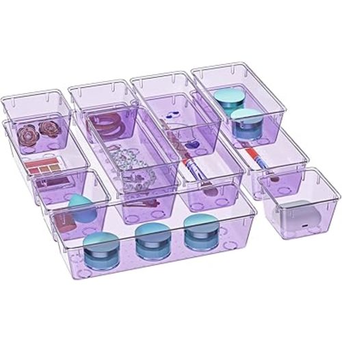 WOWBOX 12 Pack Clear Drawer Organizer Set, Acrylic Drawer Storage Trays, Storage Bins for Makeup, Cosmetics, Jewelries, Utensils, Gadgets, Office, Purple