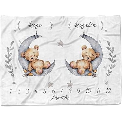 MDPrints Personalized Twin Milestone Blanket, Custom Monthly Baby Blankets with Name for Boys and Girls, 30x40 & 50x60inch Soft Plush Fleece (Teddy)