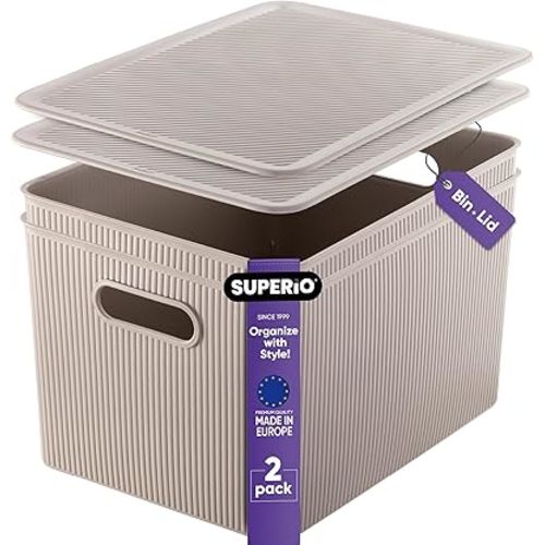 Superio Ribbed Collection - Decorative Plastic Lidded Home Storage Bins Organizer Baskets, X-Large Taupe (2 Pack - 22 Liter) Stackable Container Box, for Organizing Closet Shelves Drawer Shelf