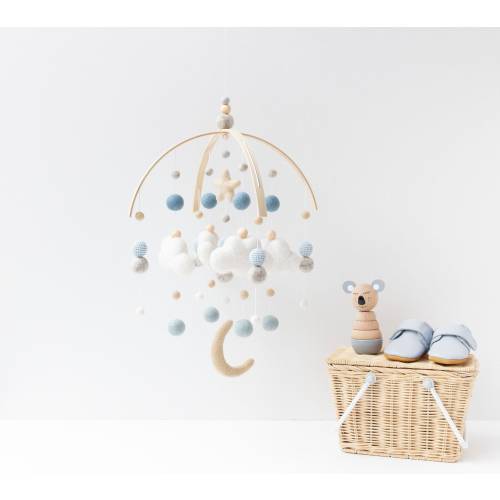 Baby Blue and Beige Baby Mobile - Boy Crib Mobile - Moon and Clouds and Star Cot Mobile - Minimalist Nursery Mobile - Felt Pom Pom decor