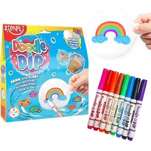 Doodle N Dip, Draw and Float Your Pictures and Add Them as Temporary Tattoos, 8 x Magic Markers & Picture Paddle, Magical Water Colouring Painting Pens, Creative Toy for Children