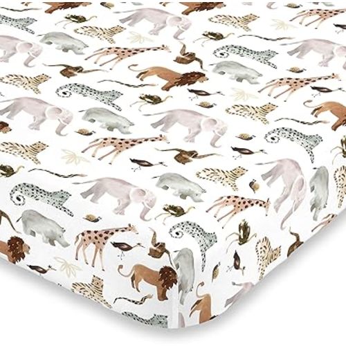 NoJo Water Color Jungle Friends Tan, Brown and Grey Super Soft Mini Crib Sheet