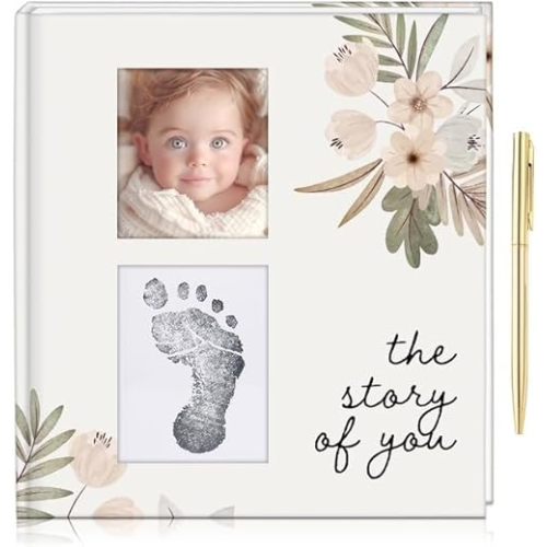 Elegant Baby Memory Book – "The Story of You" – 110 Pages, Two Photo Slots, Floral Design, Full-Color Printing, Lay Flat Binding, Gold Pen & White Ribbon – Keepsake Journal for Baby’s First Years
