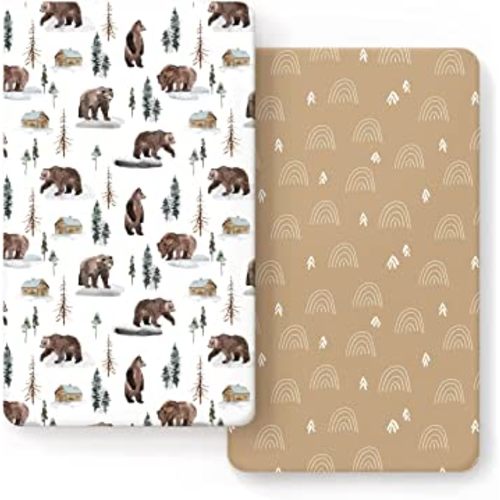 GRSSDER Stretchy Crib Sheets 2 Pack for Baby, Ultra Soft Jersey Knit Crib Fitted Sheets with Deep Pocket, Universal Fits All Standard Crib Mattress Pads Safe and Snug, Jungle Bear/Rainbow