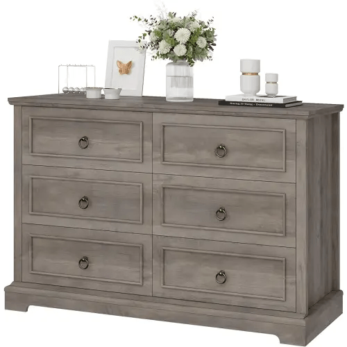 HOSTACK 6 Drawer Double Dresser, Modern Farmhouse Chest of Drawers, Wide Dressers Organizer, Accent Wood Storage Cabinet for Living Room, Hallway, Ash Grey