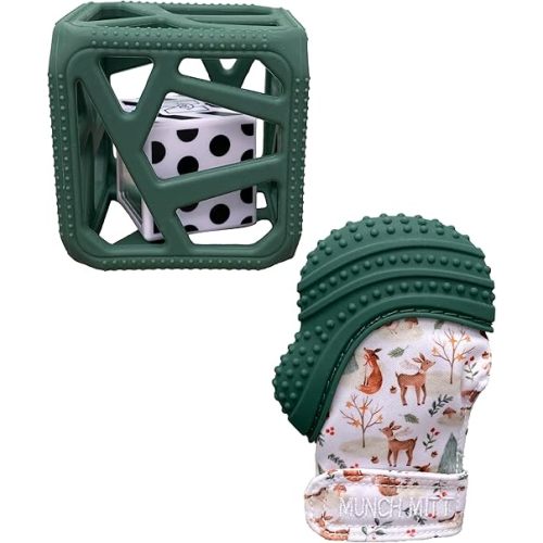 Malarkey Kids Holiday Gift Pack: Munch Mitt and Chew Cube Duo - Perfect Teething Treats for Babies and Toddlers - Green