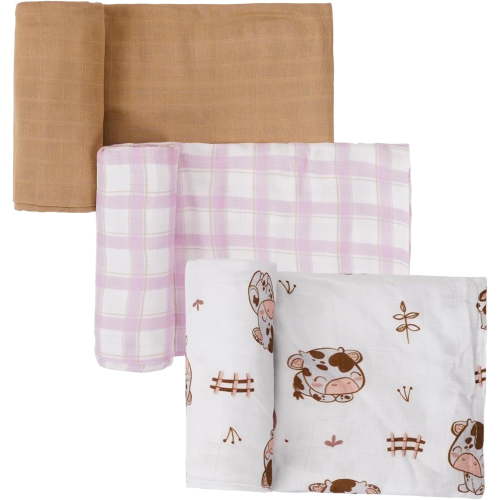 Forever Nook Cow and Pink Plaid Muslin Swaddle Blankets, 3 Count