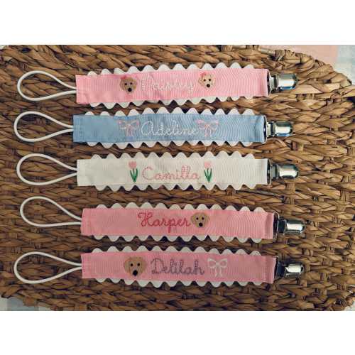 Monogrammed Pacifier Clip | bow Personalized Scallop embroidered paci holder| Baby bib clip with ricrac trim | baby gift personalized