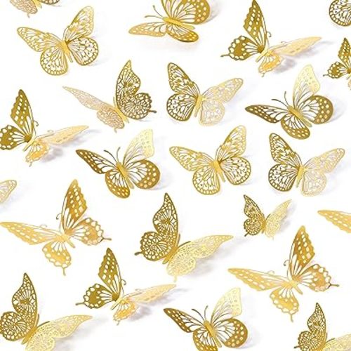 SAOROPEB 3D Butterfly Wall Decor 48 Pcs 4 Styles 3 Sizes, Gold Butterfly Decorations for Butterfly Birthday Decorations Butterfly Party Decorations Cake Decorations, Removable Stickers (Gold)