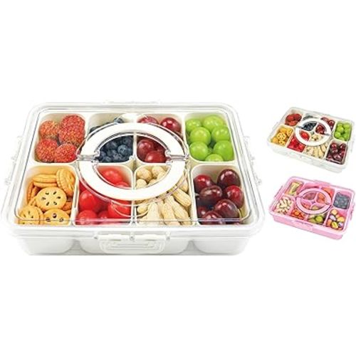 Snackle Box Container, 8 Compartment Divided Serving Tray with Lid and Handle, Snack Box Container for Candy, Fruit and Snacks, Great for Gatherings, Outings, Parties and Entertaining