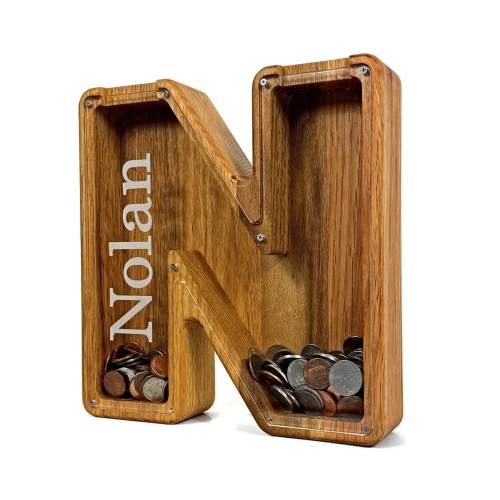 Wood Piggy Bank, Letter Coin Bank for Kids, Wooden Bank, Wooden Piggy Bank, Grandchild Gift, Gift for Kids, Personalized Gift for Children