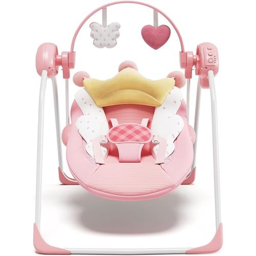 Baby Swings for Infants, Baby Girl Swing for Newborn, Portable Infant Swing with Music, Adaptable Speed, Timing, Soft Cushion, 0-9 Months 20 lbs(Pink)