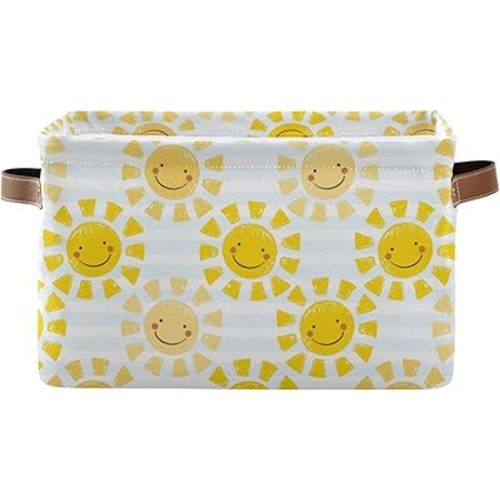 Cute Sunshine Storage Basket Bin, Large Cube Storage Box Canvas Collapsible Storage Organizer for Home Office Closet - 15 L x 11 W x 9.5 H