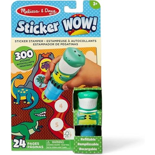 Melissa & Doug Sticker Wow!™ 24-Page Activity Pad and Sticker Stamper, 300 Stickers, Arts and Crafts Fidget Toy Collectible Character – Dinosaur Creative Play Travel Toy for Girls and Boys 3+,
