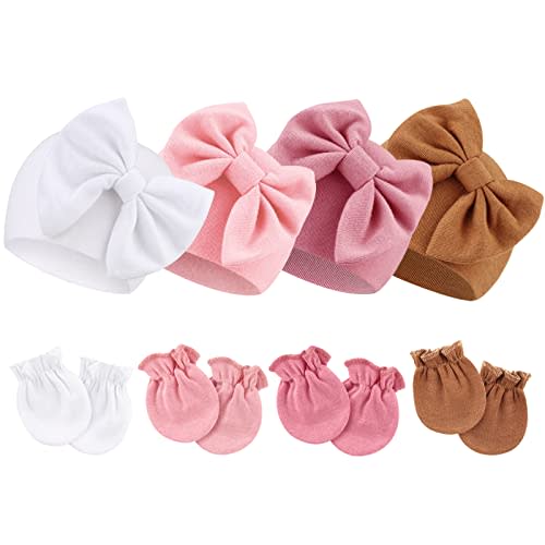 Newborn Baby Hats and Mittens Set Infant Bow Beanie Cap Toddler Gloves Newborn Hospital Hats for Baby Boy Girl 0-6 Months