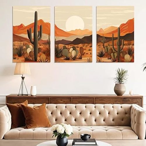 Desert Canvas Wall Art, Cactus Canvas Wall Art, Mid Century Modern Desert Cactus Sun Picture Decor, Country Western Decor, Western Sunset Landscape Painting, Living Room, Hangings (16" x 24" x 3 pcs)