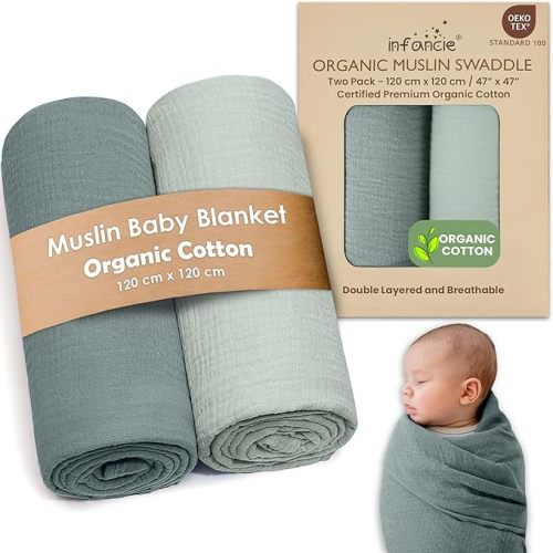 Organic Cotton Muslin Baby Blanket - 47x47 Inch Breathable Swaddle, Hypoallergenic Double-Layer, Versatile Use (Green/Mint Green, 47x47 Inch)