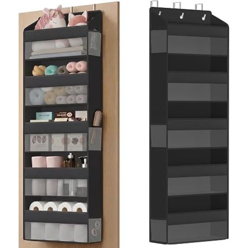 SONGMICS Over-the-Door Organizer, 5-Tier Door Hanging Storage Shelf, Heavy-Duty Closet Hanging Organizer Foldable, Transparent, Pockets, Metal Hooks, Ink Black URDH010BH01
