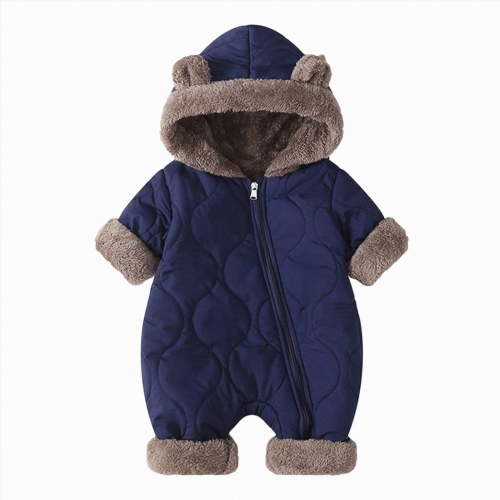 Kogui Baby Winter Snowsuit Bear Ear Hooded Quilted Romper Fleece Lined Zipper Warm Infant Jumpsuit Cold Weather 1 6 Months (Navy,1-6 Months)