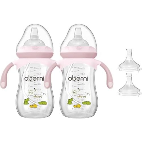 Oberni 9OZ / 270ML No Spill Sippy Cup, Weighted Straw Water Bottle with Handle for 6M+ Baby, BPA Free Toddler Milk Bottle, Pink/2Pack
