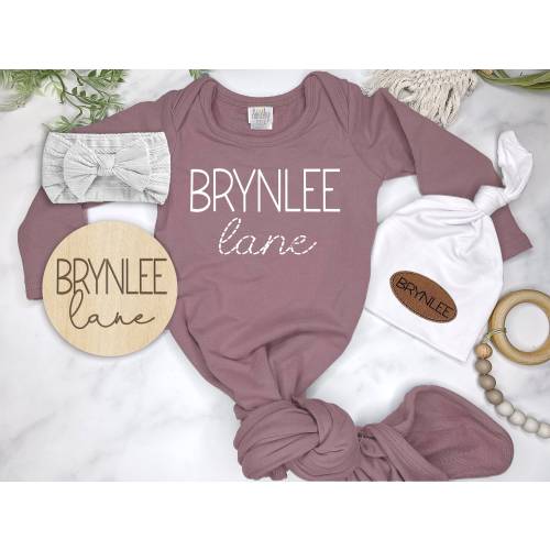 Baby Girl Personalized Knotted Gown, Bamboo Newborn Baby Girl Outfit, Newborn Outfit, Monogramed, Name Sign, Knotted Hat, Coming Home Outfit