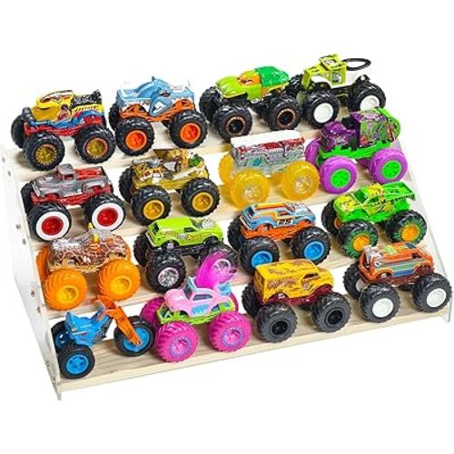 AAiphuwew Display Case for Monster Trucks Storage Toy Cars Organizer Shelf, 4 Tiers Wooden Monster Truck Display Risers Shelf for Toy Cars