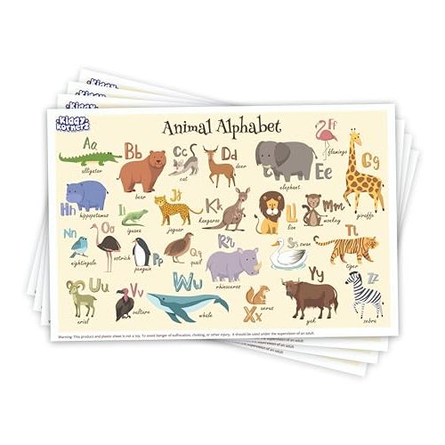 40 Pack Waterproof Stick-on Disposable Placemats for Baby Eating Mat, 12" x 18" Toddler Place mats for Restaurants, Plastic Kids Placemats for Dining Table Tyke Baby Mat, Animal Alphabet Theme