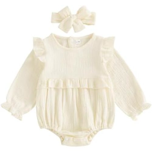 Newborn Infant Baby Girl Clothes Cotton Linen Long Sleeve Smocked Bubble Romper Ruffle Bodysuit Jumpsuit Fall Outfit