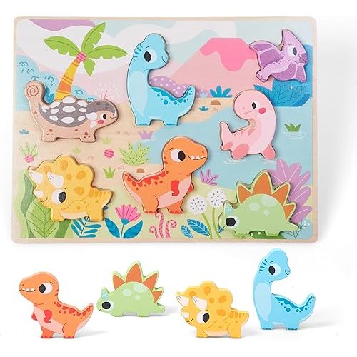 PREXTEX Dinosaur Wooden Chunky Puzzles for Toddlers - 7 Brightly Colored Dinosaur Shapes - Montessori Educational Toy to Improve Fine Motor Skills, Hand-Eye Coordination - 12 x 8 x 0.6 Inches