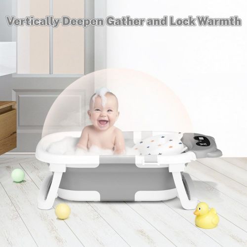 BabyBond Collapsible Baby Bathtub for Infants and Toddlers with Thermometer& 1 Soft Floating Cushion Portable Travel Baby Tub,Gray