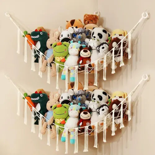 2 Pack Stuffed Animal Storage Hammock Net, Nursery Hanging Organizer for Teddy Bears and Plush Toys, Large Corner Stuffy Holder for Kids Bedroom and Playroom