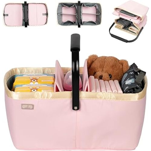 BabbleRoo Diaper Caddy: Large Capacity Diaper Organizer Basket, Perfect for Storing Baby Wipes, Diapers & Baby Essentials. Spacious, Convenient for Parents of Newborn Babies - Pink