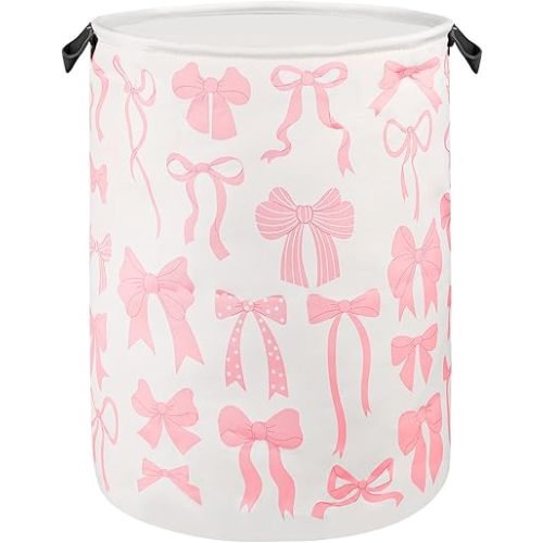 Pink Laundry Basket Bow Decor for Girls Room Cute Teens Nursery Hamper Kids Bin for Dorm Bathroom Bedroom, 17.71"x13.77"