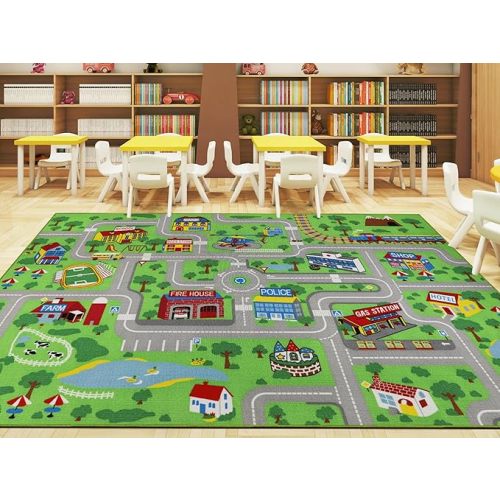 Capslpad Kids Rug Educational Play Rug 6.6' x 9.8' Classroom Rug Traffic Road Kid Play Car Mat Large Learning Play Game Area Rug Kids Carpet for Playroom Elementary Preshool,Green
