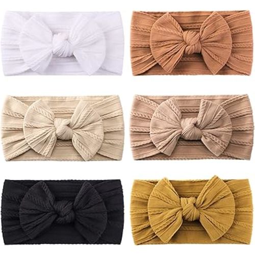 jollybows 6pcs Baby Nylon Headbands Hair Bow Elastics Hairbands Hair Accessories for Baby Girls Newborn Infant Toddlers Kids (Natural colors)