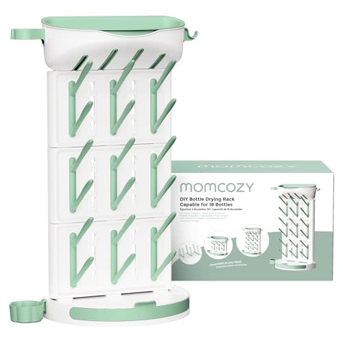 Momcozy DIY Larger Bottle Drying Rack for 18 Bottles, Space Saving Countertop Vertical Rack with Brushes Holder, Detachable Travel Bottle Rack for Baby Accessories & Pump Parts