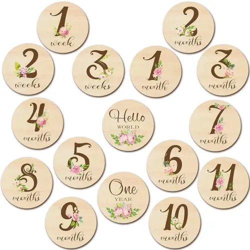 16 Pieces Wooden Baby Monthly Milestone Cards Baby Monthly Milestone Marker Discs Double Sided Monthly Milestone Wooden Circles Baby Months Signs for Baby Shower Newborn Photo Props(Flower)