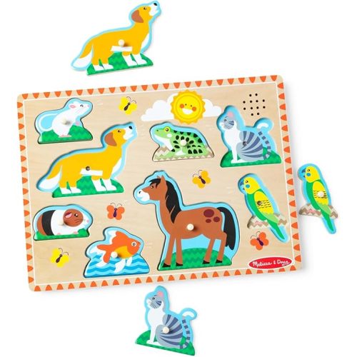 Melissa & Doug Farm Animals Sound Puzzle – 8-Piece Wooden Peg Puzzle with Light-Activated Sounds, Music Learning Toy for Toddlers and Preschoolers Ages 2+