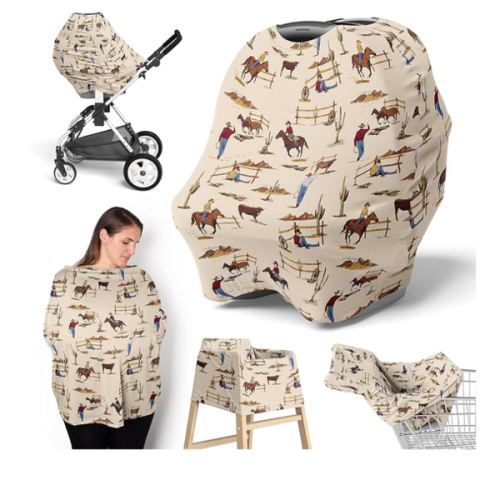 Sweet Jojo Designs Western Cowboy Boy Infant Baby Car Seat Cover Nursing Breastfeeding Shopping Cart Stroller Canopy - Tan Brown Red Southern Country Chocolate Blue and White Wild West Horse