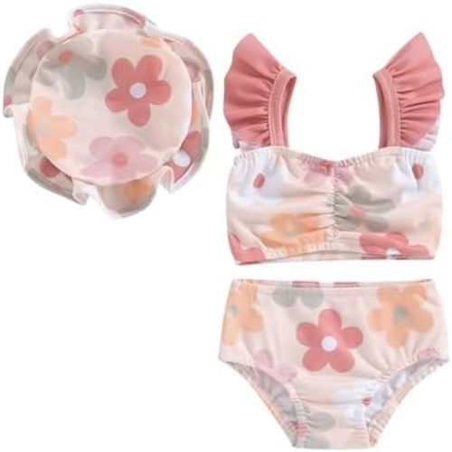 Baby Girl Swimsuit Fly Sleeve Floral Print Tube Top Shorts with Sun Hat Bikini Toddler Girl Swimwear