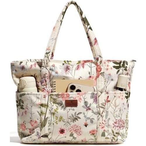 Aesthetic Corduroy Tote Bag - Large Travel Tote Bag for Women with Zipper, Multi Pockets for Work, Teacher, Nurse