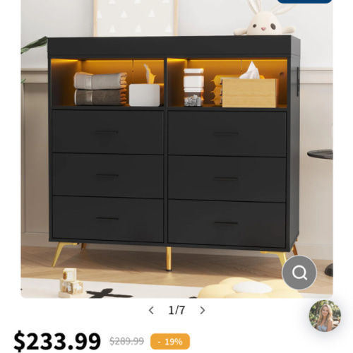 Garvee Changing Table Dresser with Drawers, Baby Dresser with Changing Table Top, Power Outlet, LED Light & Metal Feet, Diaper Changing Station Nursery Organizer for Infants Newborn, Black