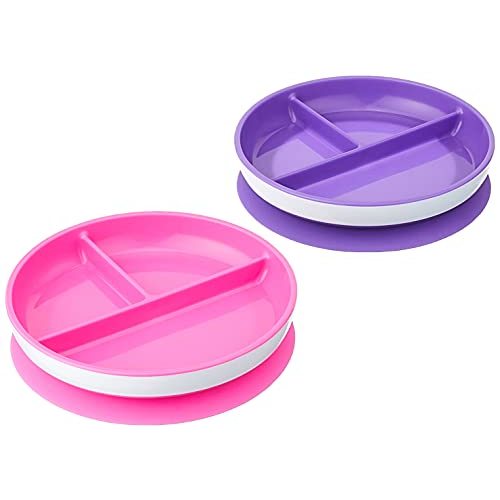 Munchkin Stay Put Suction Plates for Baby and Toddler, 3 Divided Sections , Pink/Purple