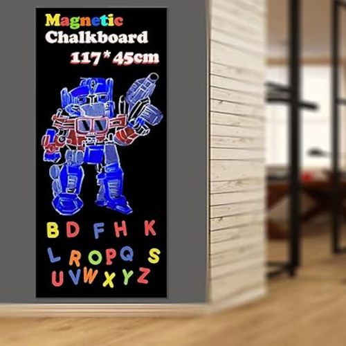 Magnetic Chalkboard Contact Paper for Wall 46.3"x18" Self Adhesive Magnetic Wall Board Sticker with 12 Colors Liquid Chalk and 53 Magnetic Letters for Kids, Black Chalk Board Wallpaper Roll