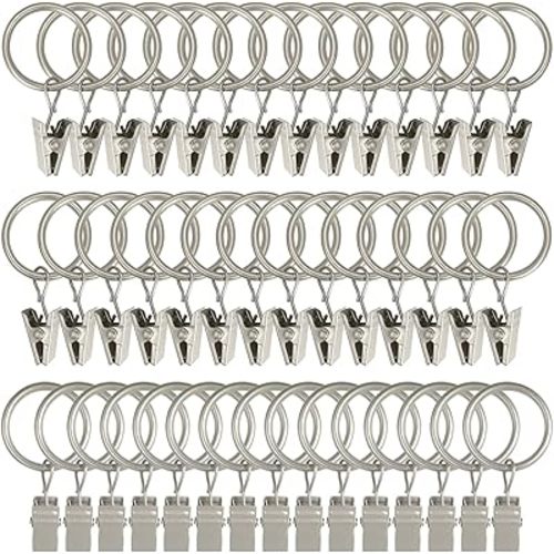44 Pack Matte Silver Curtain Rings with Clips, Curtain Hooks Hangers Clip Rings for Hanging Drapes Bows Hat, Drapery Rings 1 in I D, Fits up to 5/8 in Diameter Curtain Rod.