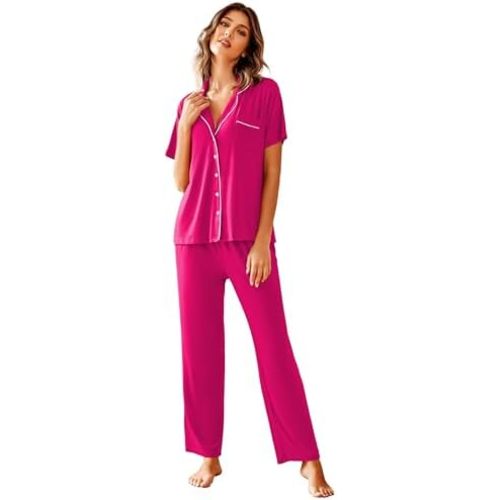Avidlove Women Pajamas Set Notch Collar Soft Sleepwear Pjs Short Sleeve Button Down Nightwear with Long Pants