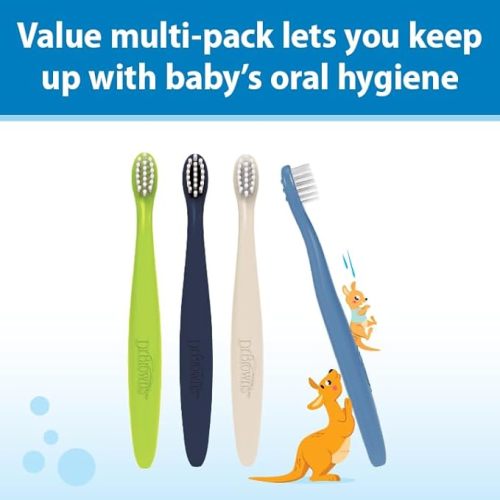 Dr. Brown's Infant-to-Toddler Toothbrush Set, Soft & Gentle Manual Toothbrushes for Baby, Green/Dark Blue/Ecru/Blue, BPA Free, 0-3 Years – 4-Pack