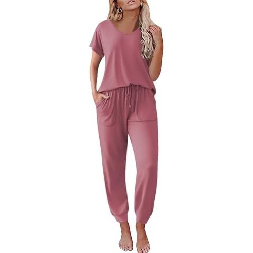 Ekouaer Pajama Sets for Women 2 Piece Lounge Sets Short Sleeve Pullover Top and Jogger Pants Pjs Sleepwear Tracksuit S-XXL