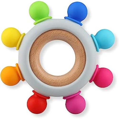 Baby Teething Toys, Silicone Chewable Teethers with Wooden Ring for Soothing Babies Gums, Rudder Chewers Shower Gift for lnfants & Toddlers, 3+ Months (8 Directions, Rainbow)