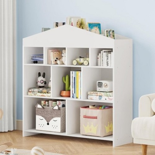 Whizmax Toy Storage Organizer 9-Cubby Kids Bookshelf 40.7in Width Bookcase Toddlers Playhouse Cabinet Shelf for Playroom, Nursery, Kids Room, Color: White